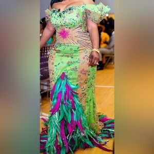 Classy Custom Dress | Vibrant Green and Pink Feathered dress